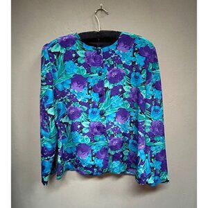 Vintage Via Sant Andrea Womens Size 14 Purple Blue Floral Blouse Long Sleeve Top